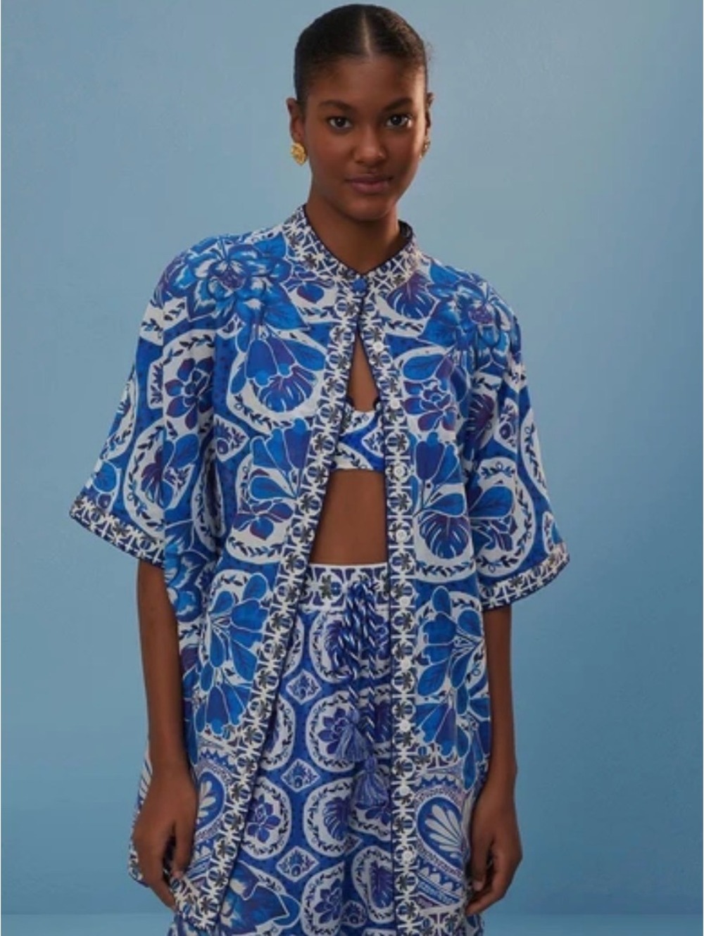 Women's FARM Rio Blue White Floral Button Down Shirt XL Poolside